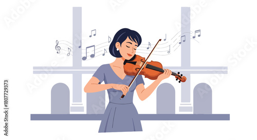 Flat vector violinist practicing classical music with elegant posture and soft notes. Ideal for orchestra ads, classical music schools, concert visuals, and learning materials