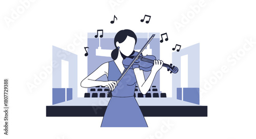 Flat vector violinist practicing classical music with elegant posture and soft notes. Ideal for orchestra ads, classical music schools, concert visuals, and learning materials