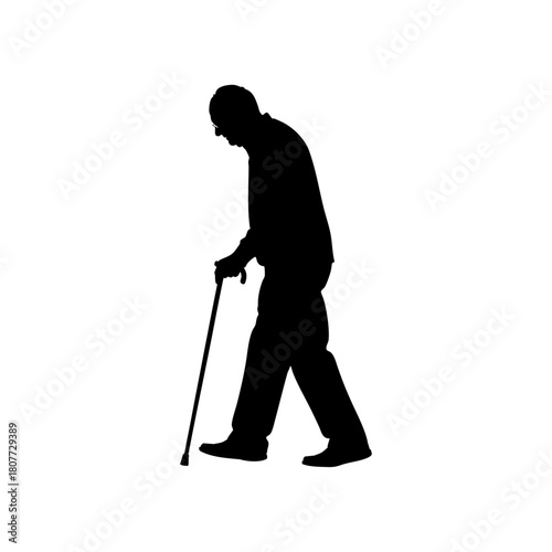 Silhouette of an elderly man walking with a cane against a white background in a simple clean image style