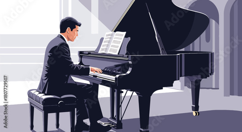 Flat vector pianist performing on grand piano with sheet music stand. Ideal for piano lessons, classical concert promotions, music schools, and elegant creative designs