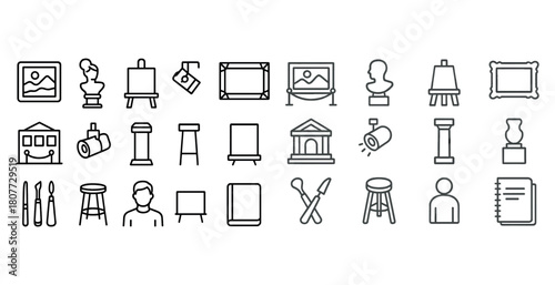 Art icon set: easels, frames, sculptures, and art supplies in minimalist design