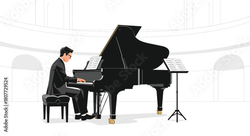 Flat vector pianist performing on grand piano with sheet music stand. Ideal for piano lessons, classical concert promotions, music schools, and elegant creative designs