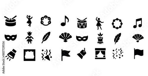 Music and dance icons set featuring drums, masks, flags, and musical notes