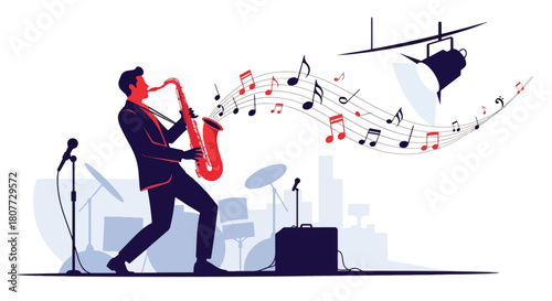 Flat vector saxophonist performing jazzy solo with swirling notes and warm tones. Ideal for jazz events, music posters, cultural promotions, and artistic illustrations