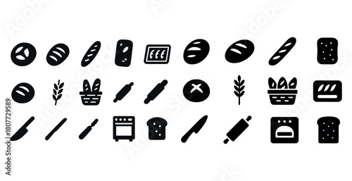 Bread and baking icons collection: loaves, knives, ovens, wheat, kitchen utensils