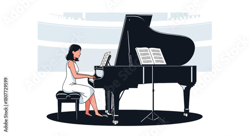 Flat vector pianist performing on grand piano with sheet music stand. Ideal for piano lessons, classical concert promotions, music schools, and elegant creative designs