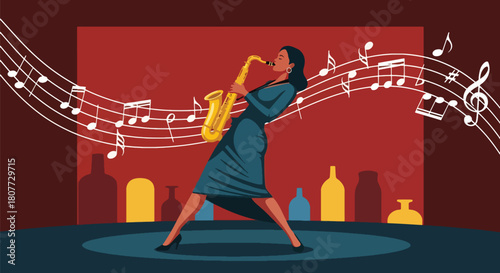 Canvas Print Flat vector saxophonist performing jazzy solo with swirling notes and warm tones