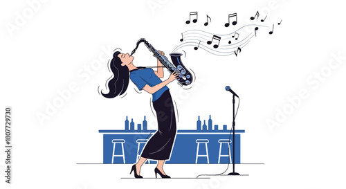 Flat vector saxophonist performing jazzy solo with swirling notes and warm tones. Ideal for jazz events, music posters, cultural promotions, and artistic illustrations