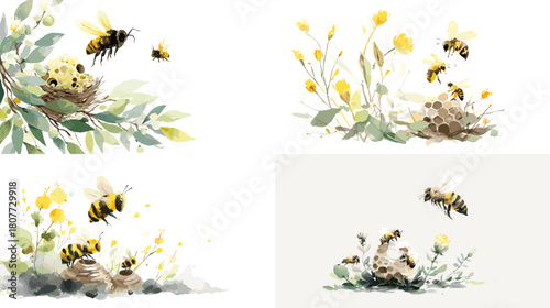 Soft watercolor illustration of bees flying around a small hive among yellow flowers. Gentle tones highlight pollination, nature beauty, and the harmony of garden wildlife.