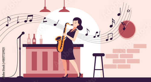 Flat vector saxophonist performing jazzy solo with swirling notes and warm tones. Ideal for jazz events, music posters, cultural promotions, and artistic illustrations