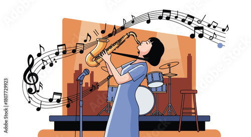 Flat vector saxophonist performing jazzy solo with swirling notes and warm tones. Ideal for jazz events, music posters, cultural promotions, and artistic illustrations