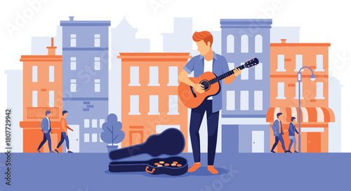 Flat vector street musician performing guitar with open case and urban backdrop. Ideal for culture blogs, street art promotions, travel designs, and music-related content