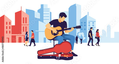 Flat vector street musician performing guitar with open case and urban backdrop. Ideal for culture blogs, street art promotions, travel designs, and music-related content