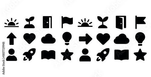 Collection of various black icons including nature, direction, and objects