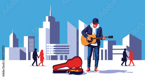 Flat vector street musician performing guitar with open case and urban backdrop. Ideal for culture blogs, street art promotions, travel designs, and music-related content