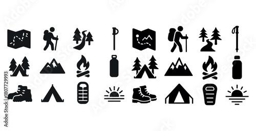 Black silhouette icons for hiking and camping activities including map, hiker, campfire, tent, and boots