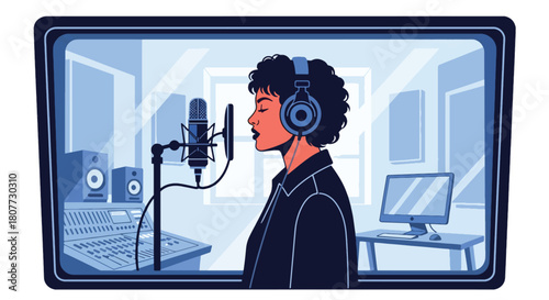 Flat vector vocalist recording inside soundproof booth with headphones and waveform icons. Ideal for recording studio ads, music production visuals, and creative promotional designs