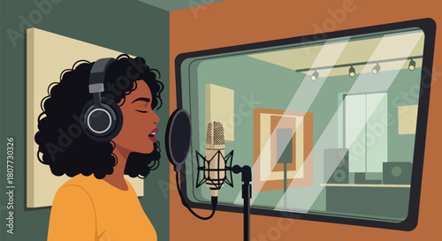 Flat vector vocalist recording inside soundproof booth with headphones and waveform icons. Ideal for recording studio ads, music production visuals, and creative promotional designs