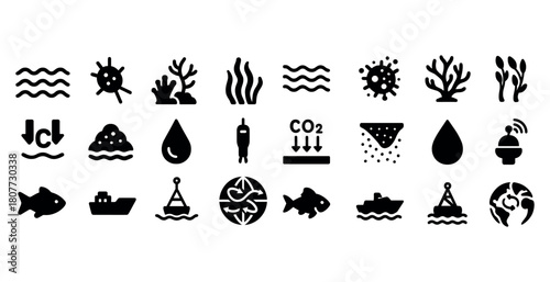 Ocean conservation icons set featuring marine life and pollution symbols
