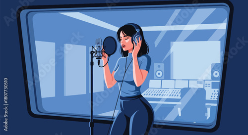 Flat vector vocalist recording inside soundproof booth with headphones and waveform icons. Ideal for recording studio ads, music production visuals, and creative promotional designs