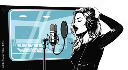 Flat vector vocalist recording inside soundproof booth with headphones and waveform icons. Ideal for recording studio ads, music production visuals, and creative promotional designs