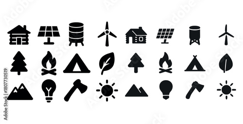 Camping and renewable energy icons collection: tents, solar panels, wind turbines, nature elements