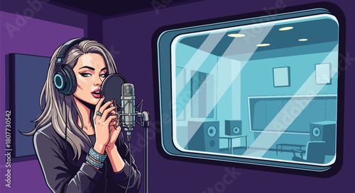 Flat vector vocalist recording inside soundproof booth with headphones and waveform icons. Ideal for recording studio ads, music production visuals, and creative promotional designs