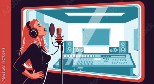 Flat vector vocalist recording inside soundproof booth with headphones and waveform icons. Ideal for recording studio ads, music production visuals, and creative promotional designs
