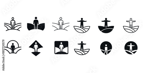 Collection of minimalist human and nature themed icons in black and white