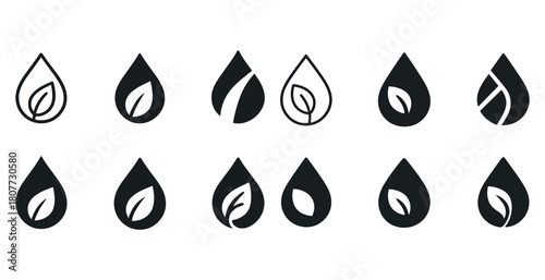 Collection of black leaf icons in droplet shapes for eco designs