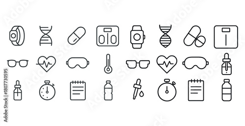 Minimalist medical icons set: fitness, health, medicine, and wellness symbols