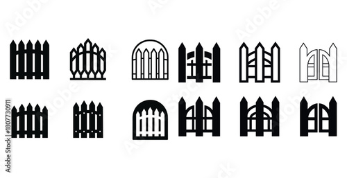 Icon set of twelve fence designs in black and white