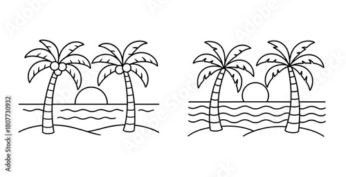 Black and white tropical beach scene with palm trees and sun