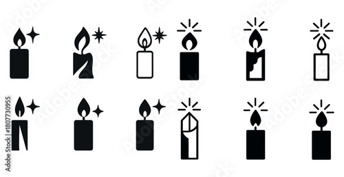 Set of black candle icons with flames and stars in various styles