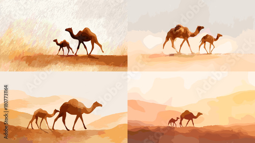 Warm watercolor illustration of camels walking across a sunset desert landscape. Soft orange tones highlight the calm atmosphere, nomadic spirit, and beauty of desert wildlife.