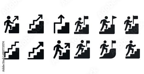 Set of icons depicting steps and progression with arrows and flags