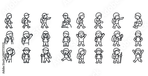 Cartoon hiking boy icons with various poses and expressions