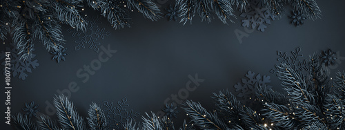 Dark blue Christmas banner design with copy space and blue fir tree decoration. 3D Rendering, 3D Illustration	
