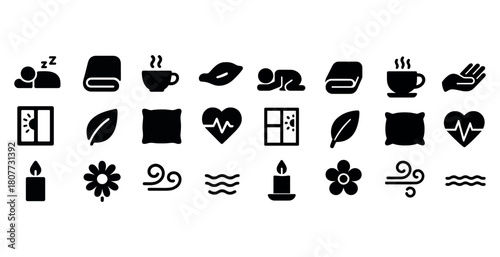 Set of relaxation icons featuring coffee, pillow, candle, flower, and heart symbols