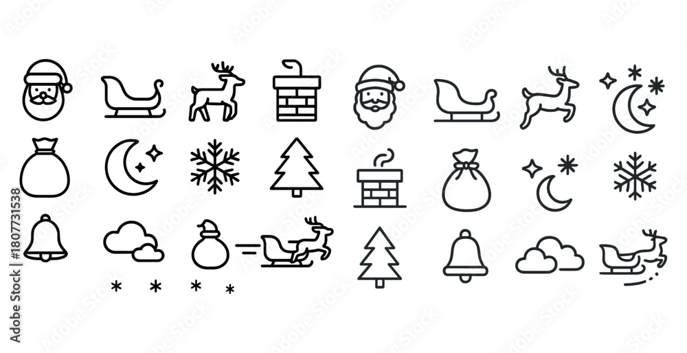 Obraz premium Festive christmas icons: santa, sleigh, reindeer, snowflakes, trees, chimney, bells, moon