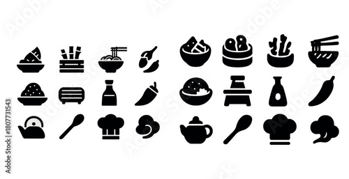 Collection of asian cuisine icons featuring rice, noodles, and chopsticks