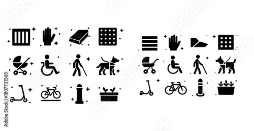 Inclusive accessibility icons collection: mobility, assistance, safety symbols