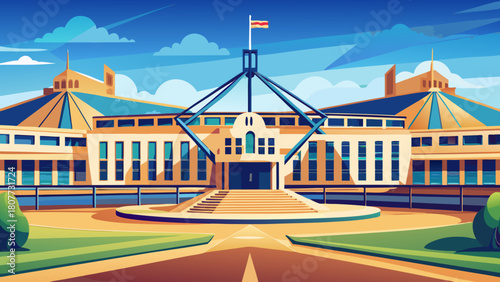 Very beautiful vector illustration of Parliament House in Canberra, Australia, featuring clean geometric lines, a balanced minimalist composition, and a clear sky backdrop emphasizing the landmark’s 