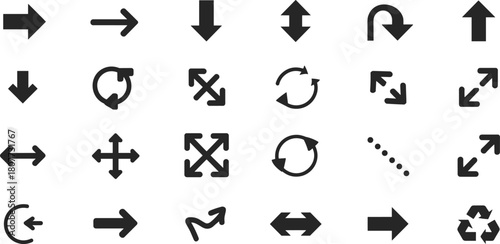 Arrow direction icons set, navigation signs, rotate symbols, curved arrows, expand indicators, minimal black arrow collection, flat vector illustration