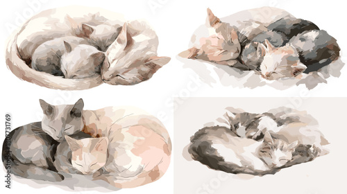 Watercolor illustration of cats sleeping closely together in a cozy and peaceful pose. Soft earthy colors enhance warmth, comfort, and affection in a calm indoor scene.