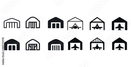 Variety of airplane hangar icons in black and white vector set