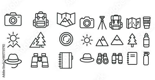 Outline icons for outdoor adventure and photography gear