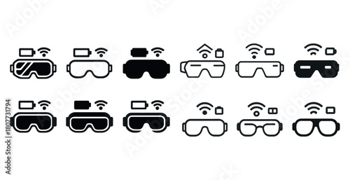 Virtual reality headsets icons: diverse designs of vr and ar goggles with connectivity symbols