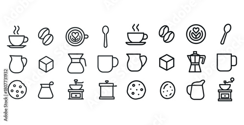 Minimalist coffee icon set featuring cups, beans, pots, and tools