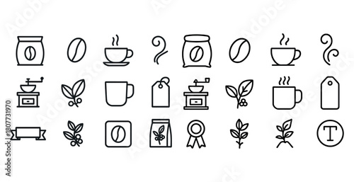 Minimal coffee icons: beans, cups, grinders, and plants in line art style